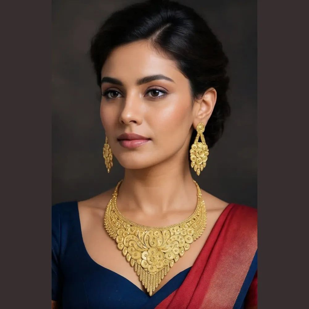 ZHome Exclusive Short Heavy Gold Finish Handmade Necklace Set with Earrings