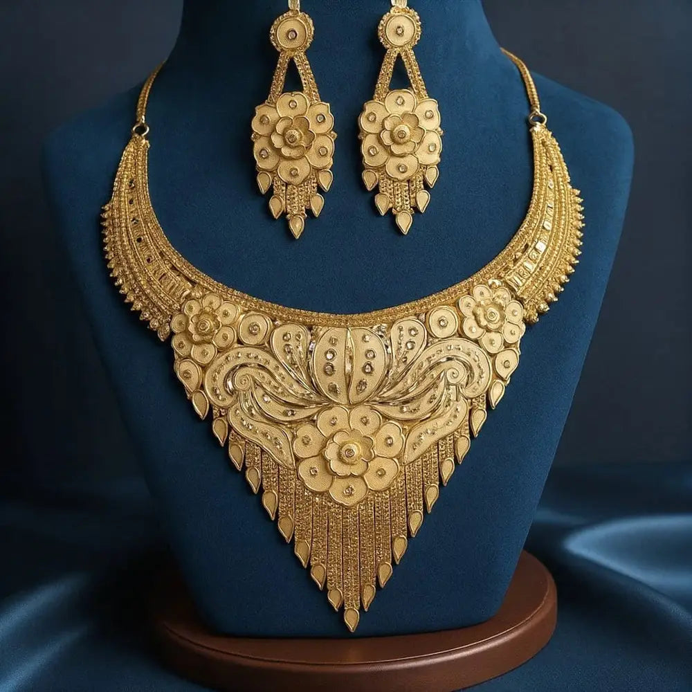 ZHome Exclusive Short Heavy Gold Finish Handmade Necklace Set with Earrings