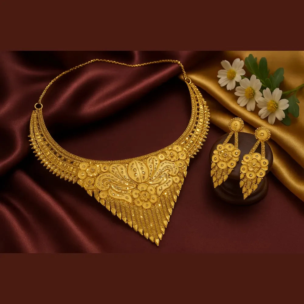 ZHome Exclusive Short Heavy Gold Finish Handmade Necklace Set with Earrings