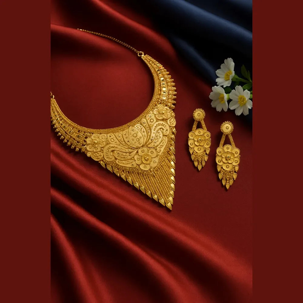 ZHome Exclusive Short Heavy Gold Finish Handmade Necklace Set with Earrings