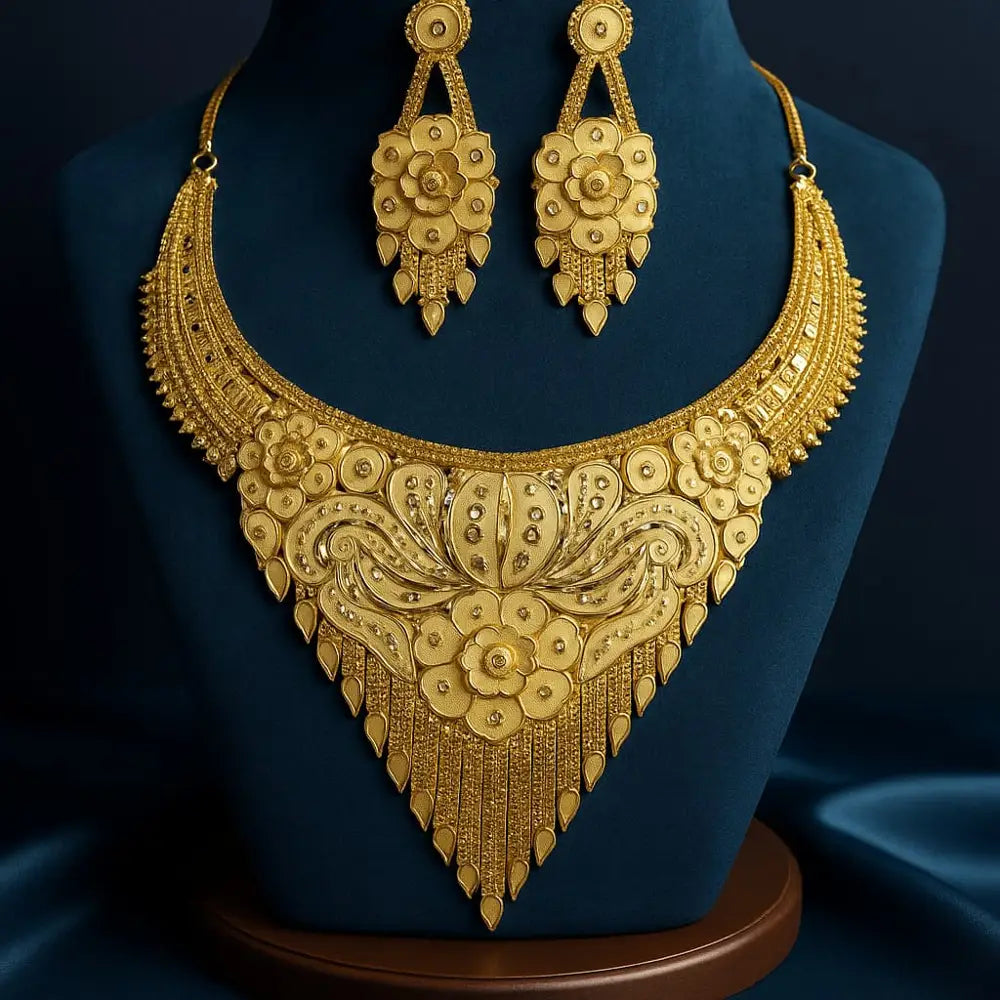 ZHome Exclusive Short Heavy Gold Finish Handmade Necklace Set with Earrings