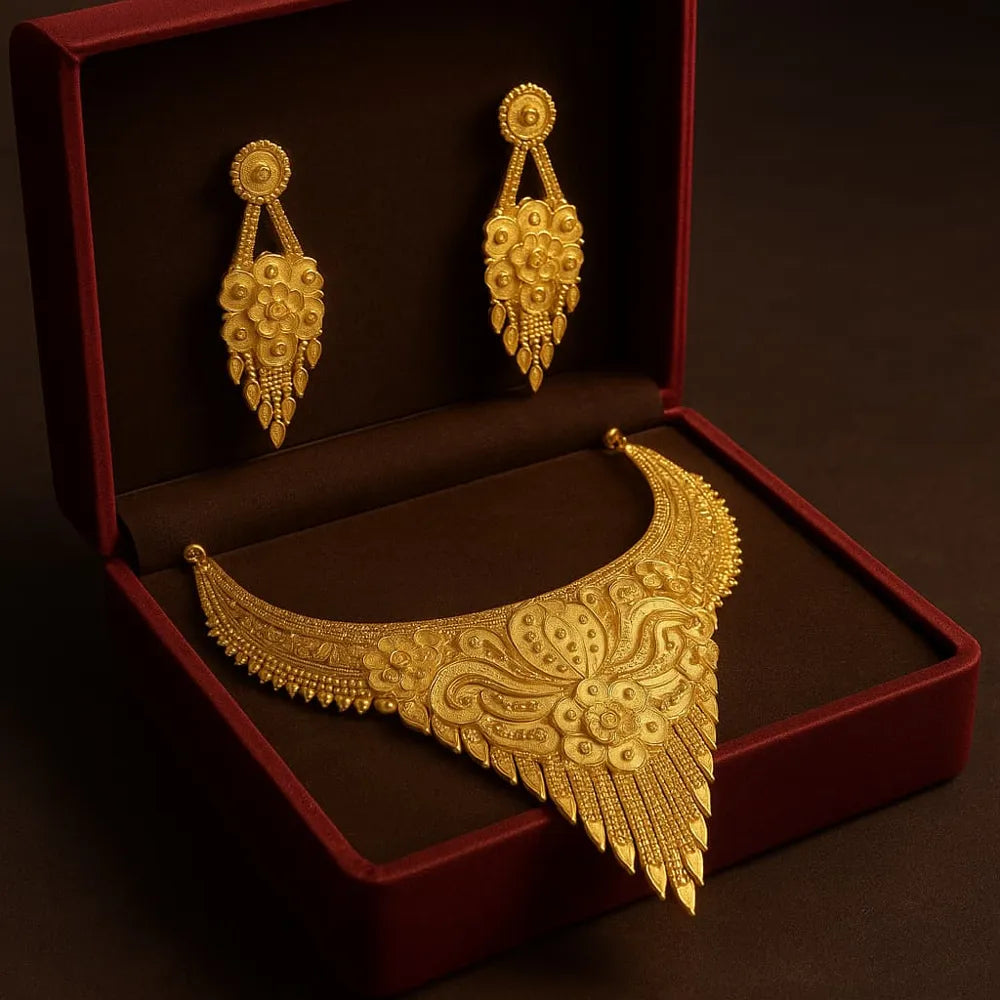 ZHome Exclusive Short Heavy Gold Finish Handmade Necklace Set with Earrings