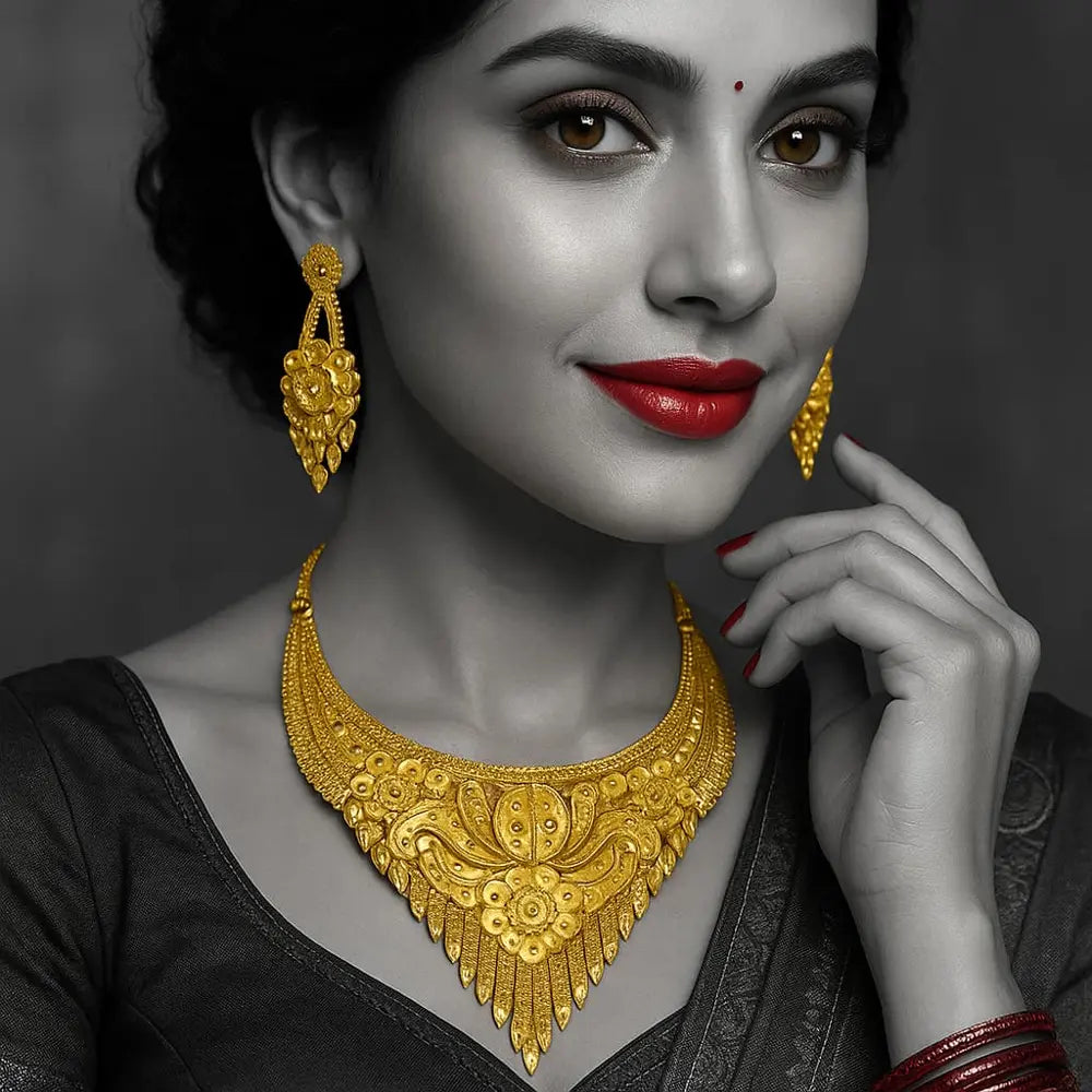 ZHome Exclusive Short Heavy Gold Finish Handmade Necklace Set with Earrings