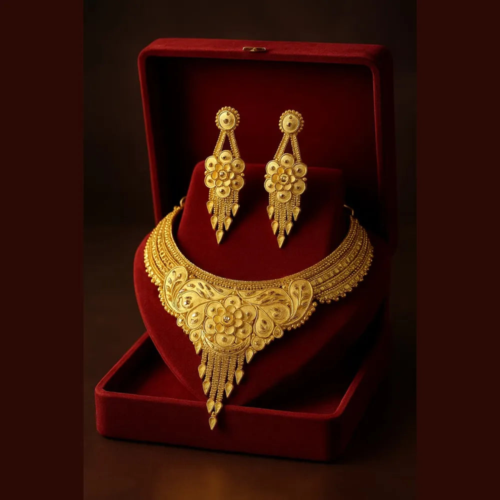 ZHome Exclusive Heavy Gold-Finish Necklace Set – Premium Matte Glossy Bridal Jewellery