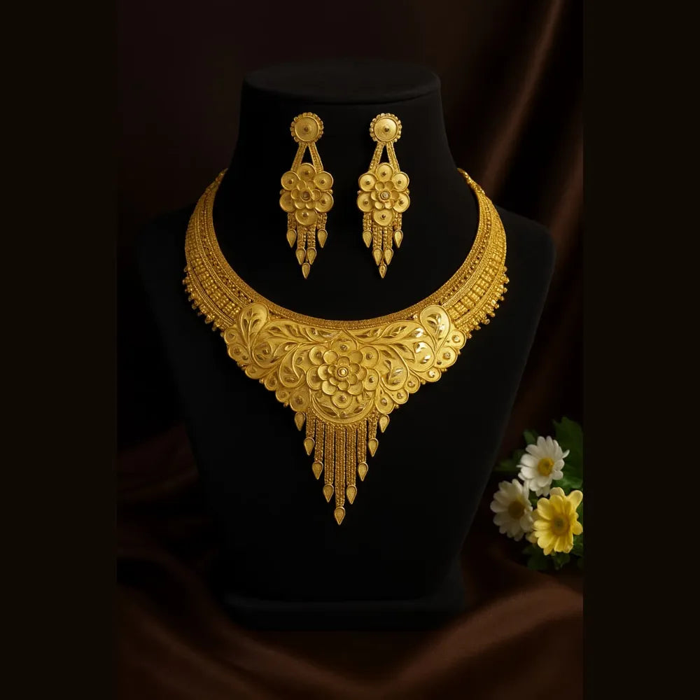 ZHome Exclusive Heavy Gold-Finish Necklace Set – Premium Matte Glossy Bridal Jewellery