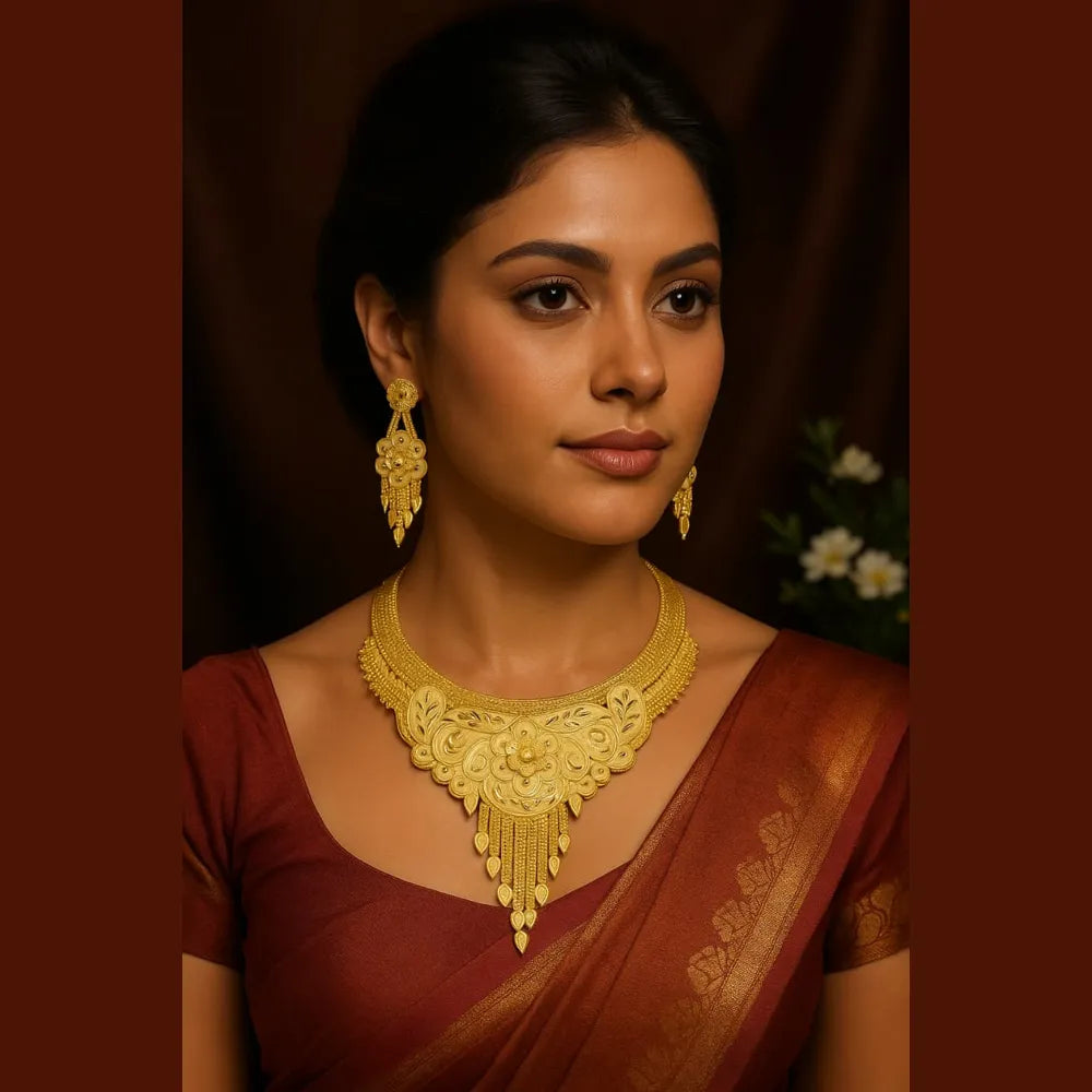 ZHome Exclusive Heavy Gold-Finish Necklace Set – Premium Matte Glossy Bridal Jewellery