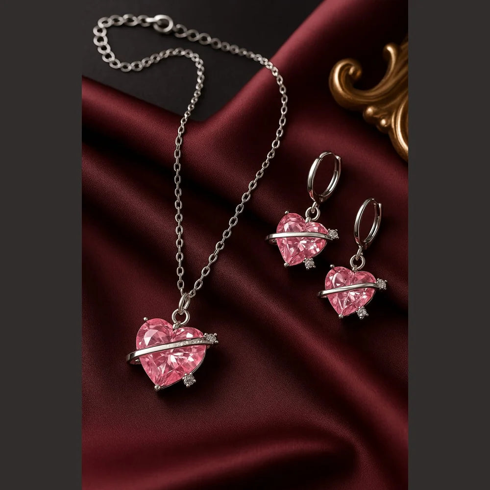 Pink Planet Heart Jewellery Set (Necklace + Earrings) – Premium Romantic Crystal Gift for Women