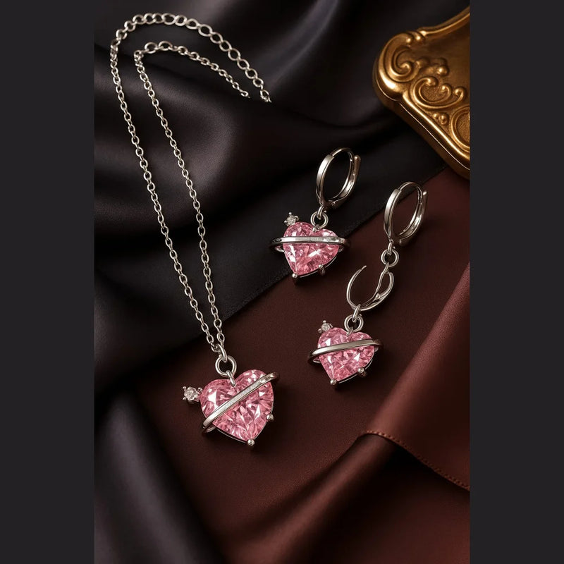 Pink Planet Heart Jewellery Set (Necklace + Earrings) – Premium Romantic Crystal Gift for Women