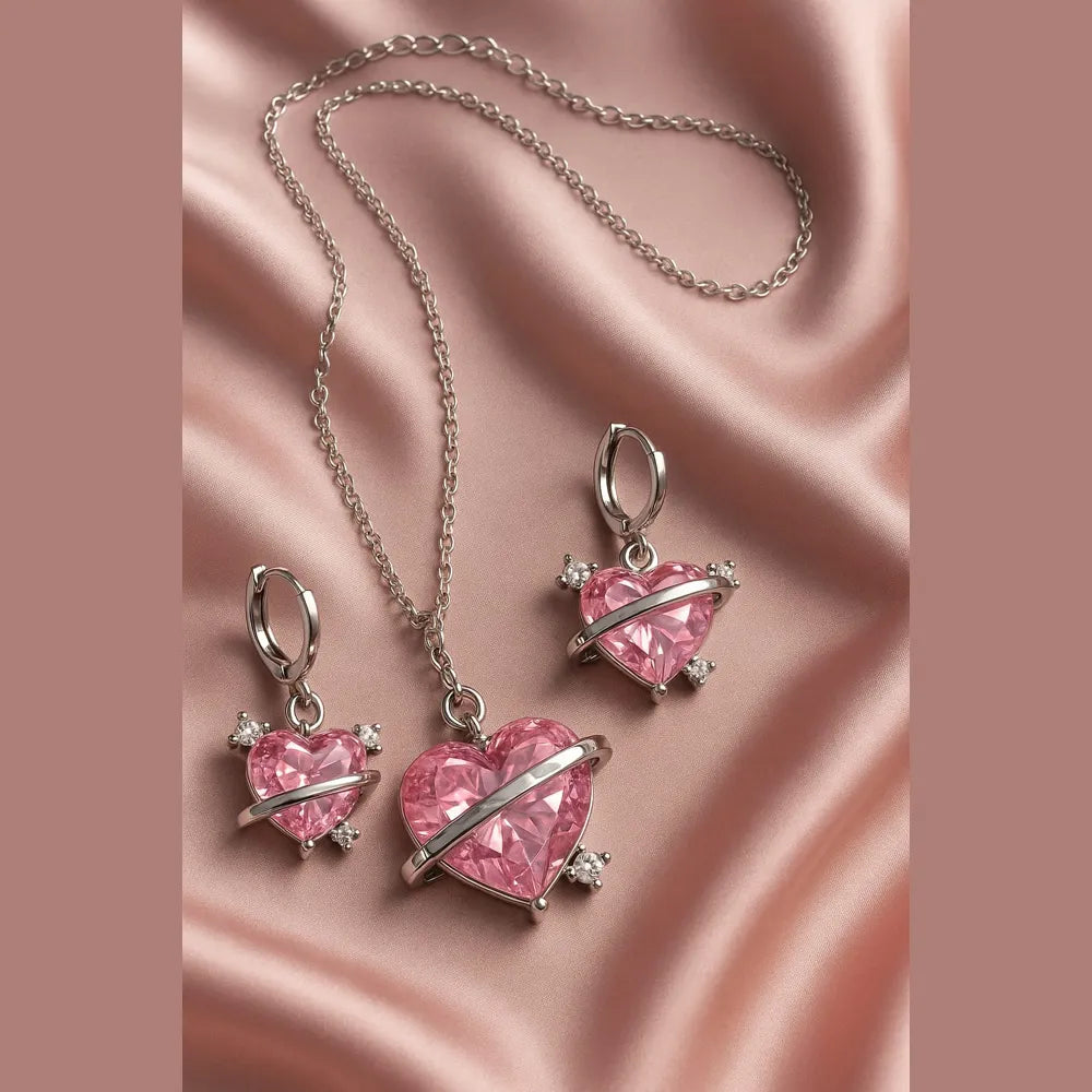 Pink Planet Heart Jewellery Set (Necklace + Earrings) – Premium Romantic Crystal Gift for Women
