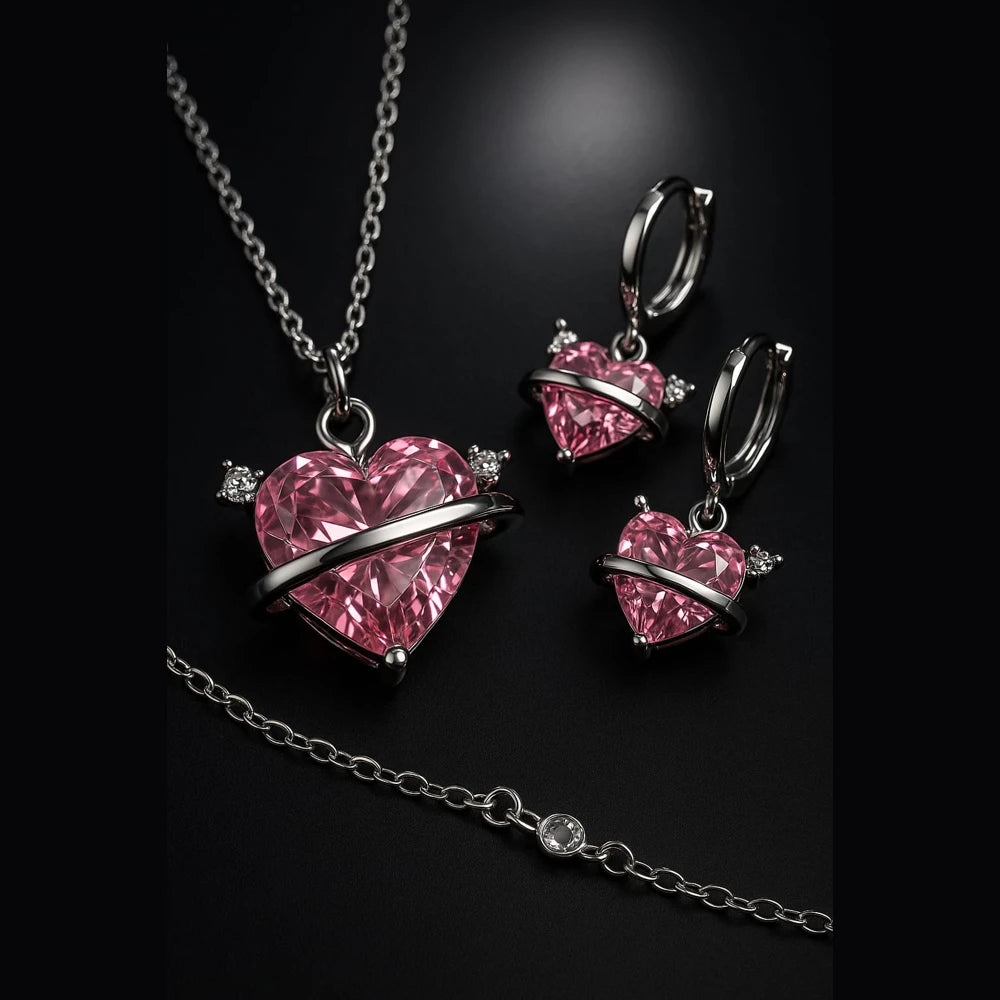 Pink Planet Heart Jewellery Set (Necklace + Earrings) – Premium Romantic Crystal Gift for Women
