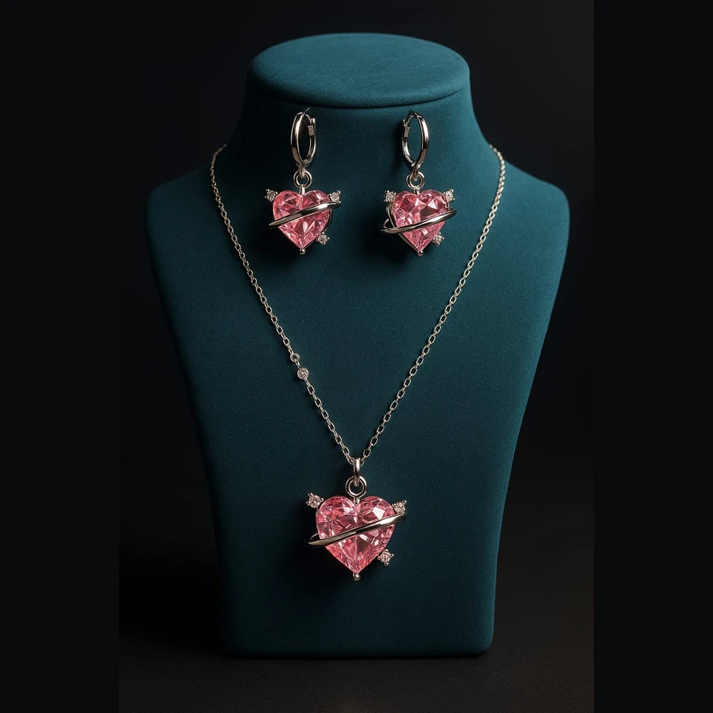 Pink Planet Heart Jewellery Set (Necklace + Earrings) – Premium Romantic Crystal Gift for Women