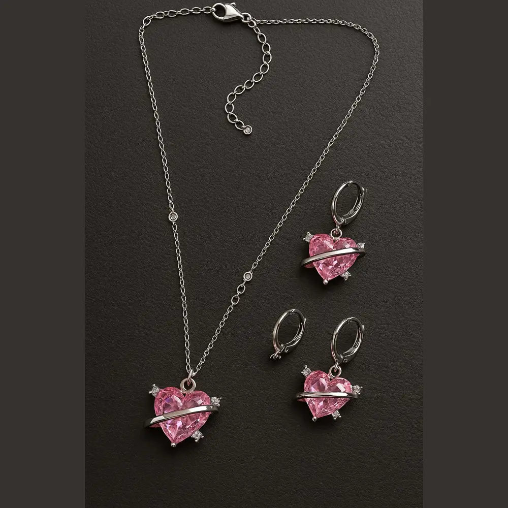 Pink Planet Heart Jewellery Set (Necklace + Earrings) – Premium Romantic Crystal Gift for Women