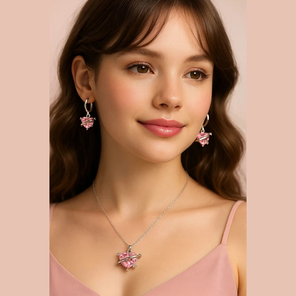 Pink Planet Heart Jewellery Set (Necklace + Earrings) – Premium Romantic Crystal Gift for Women