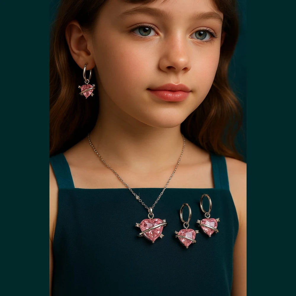 Pink Planet Heart Jewellery Set (Necklace + Earrings) – Premium Romantic Crystal Gift for Women