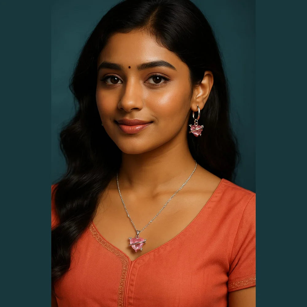 Pink Planet Heart Jewellery Set (Necklace + Earrings) – Premium Romantic Crystal Gift for Women