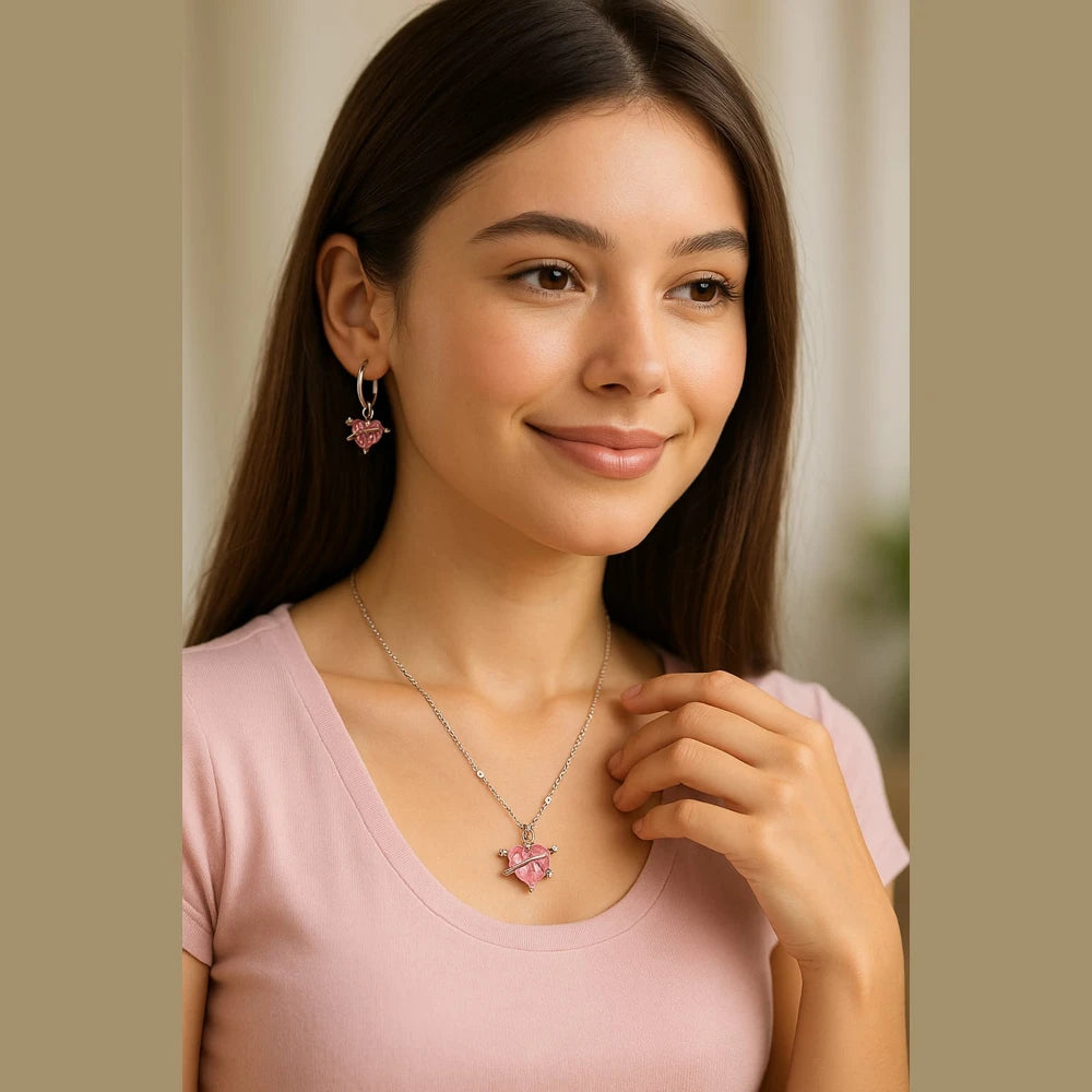 Pink Planet Heart Jewellery Set (Necklace + Earrings) – Premium Romantic Crystal Gift for Women