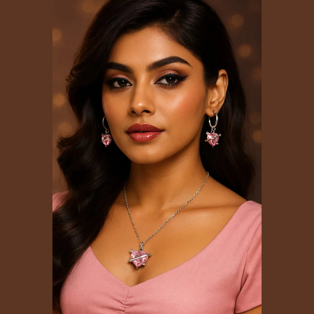 Pink Planet Heart Jewellery Set (Necklace + Earrings) – Premium Romantic Crystal Gift for Women