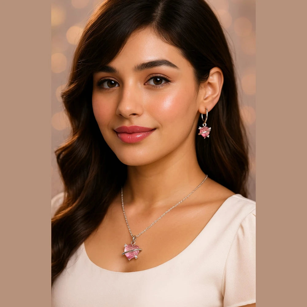 Pink Planet Heart Jewellery Set (Necklace + Earrings) – Premium Romantic Crystal Gift for Women