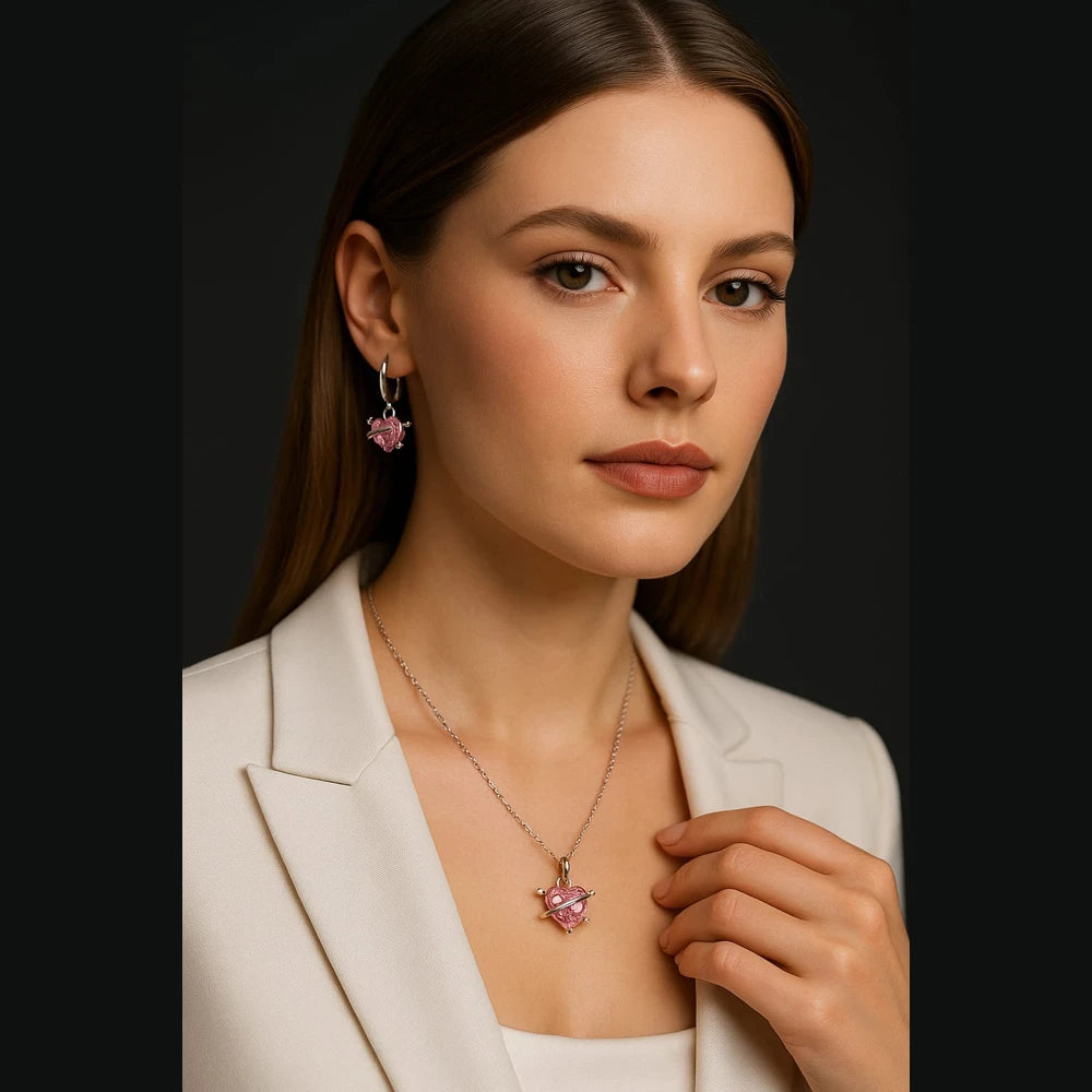 Pink Planet Heart Jewellery Set (Necklace + Earrings) – Premium Romantic Crystal Gift for Women