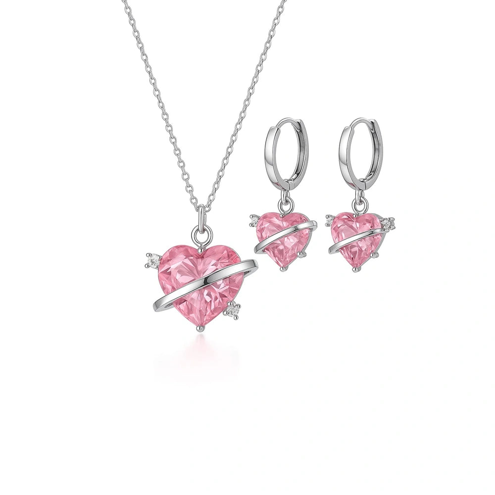 Pink Planet Heart Jewellery Set (Necklace + Earrings) – Premium Romantic Crystal Gift for Women