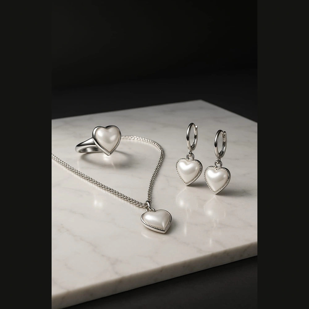 Pearl Heart Elegance Jewellery Set (Necklace + Earrings + Ring) – Premium Silver Finish Romantic Set