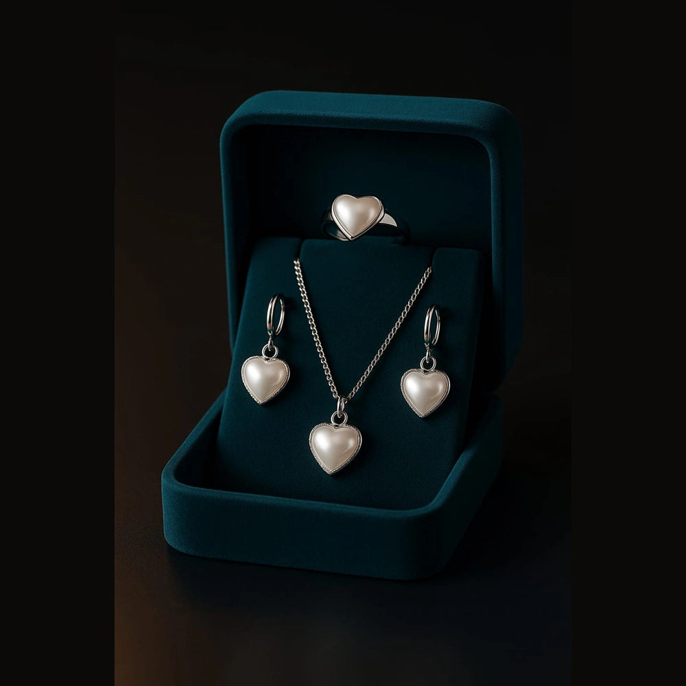 Pearl Heart Elegance Jewellery Set (Necklace + Earrings + Ring) – Premium Silver Finish Romantic Set