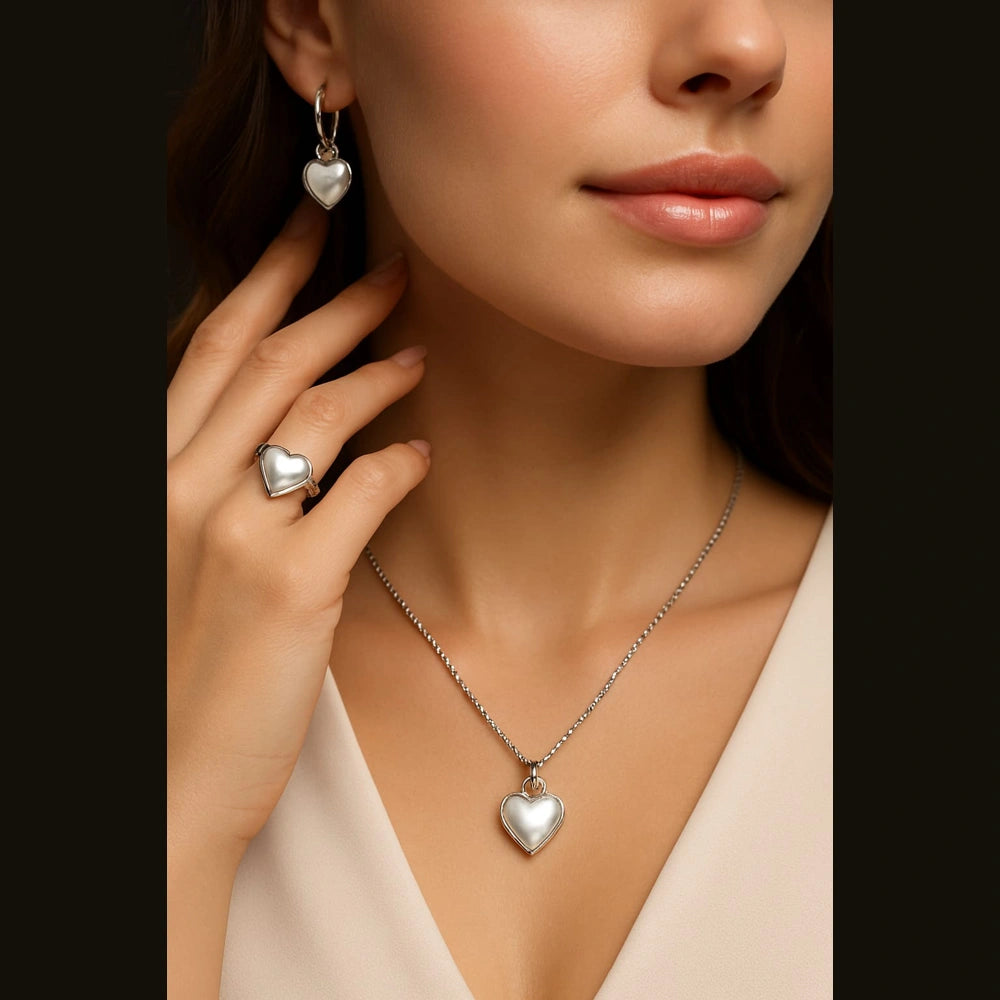 Pearl Heart Elegance Jewellery Set (Necklace + Earrings + Ring) – Premium Silver Finish Romantic Set