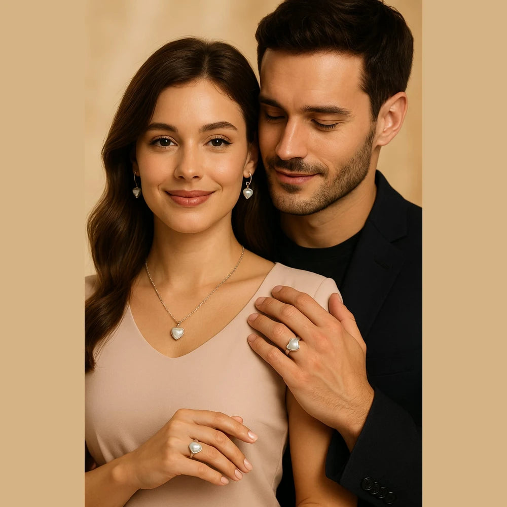 Pearl Heart Elegance Jewellery Set (Necklace + Earrings + Ring) – Premium Silver Finish Romantic Set