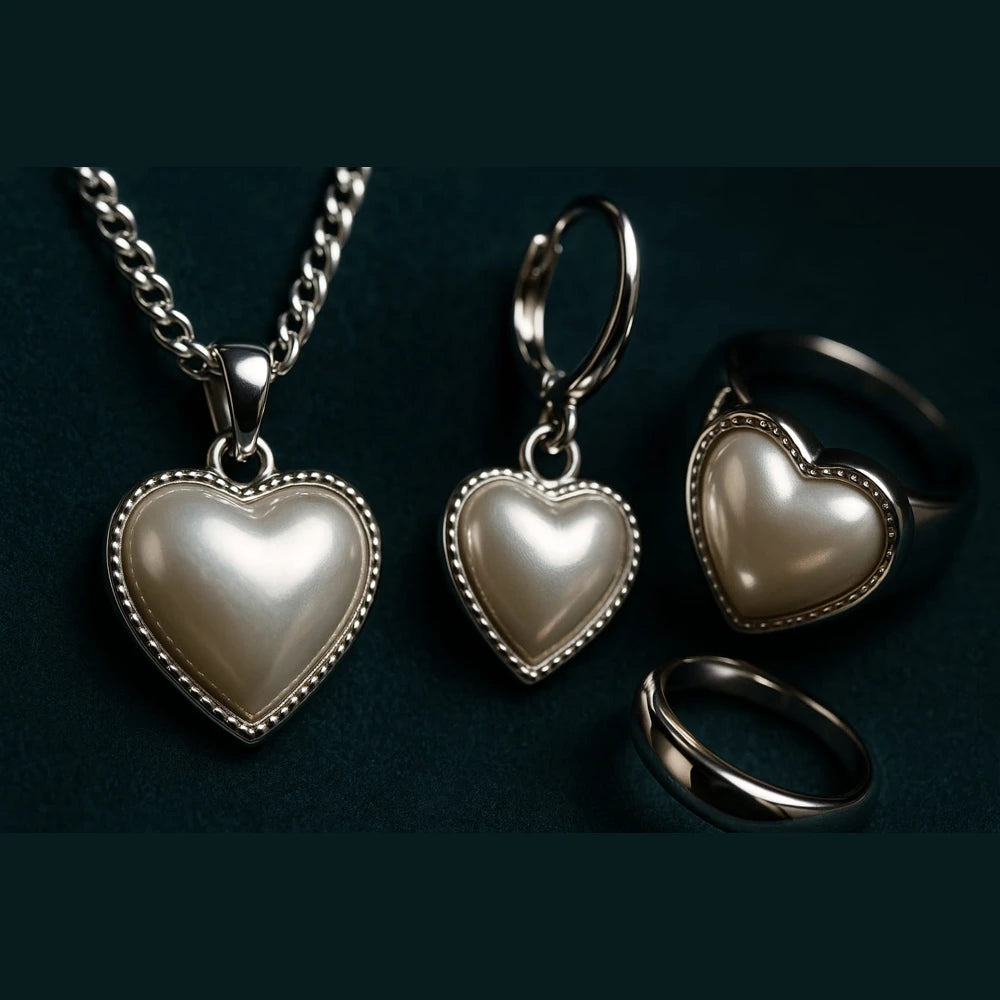 Pearl Heart Elegance Jewellery Set (Necklace + Earrings + Ring) – Premium Silver Finish Romantic Set