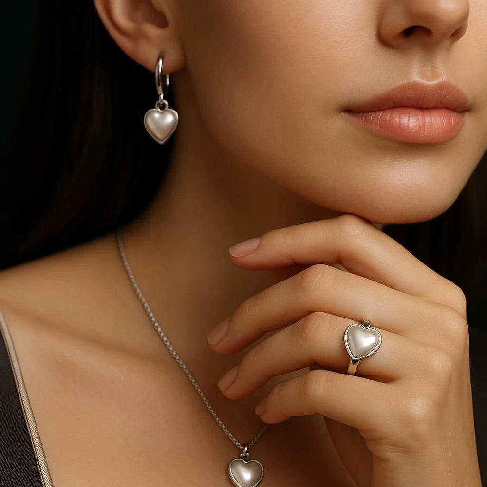 Pearl Heart Elegance Jewellery Set (Necklace + Earrings + Ring) – Premium Silver Finish Romantic Set
