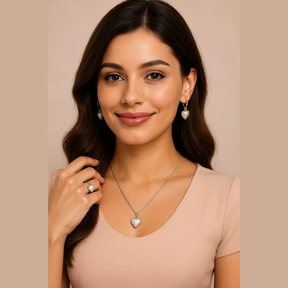 Pearl Heart Elegance Jewellery Set (Necklace + Earrings + Ring) – Premium Silver Finish Romantic Set