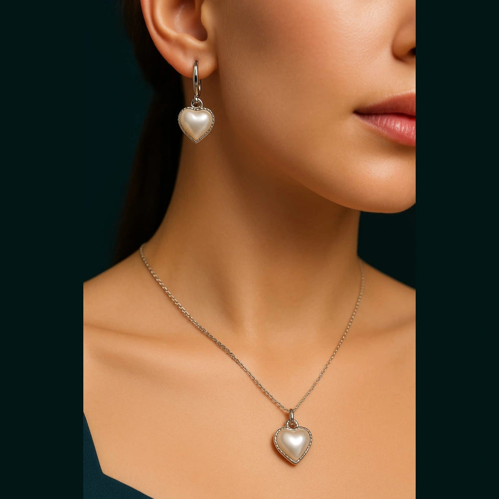 Pearl Heart Elegance Jewellery Set (Necklace + Earrings + Ring) – Premium Silver Finish Romantic Set
