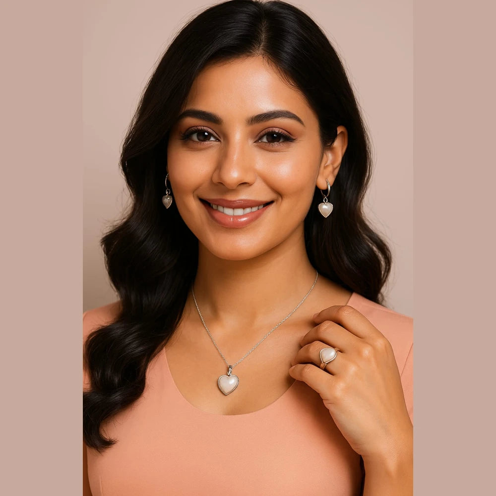 Pearl Heart Elegance Jewellery Set (Necklace + Earrings + Ring) – Premium Silver Finish Romantic Set