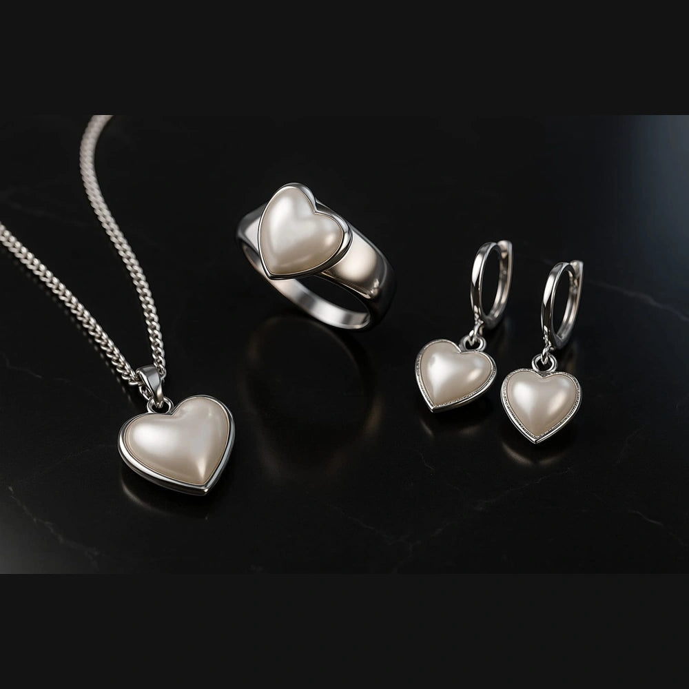 Pearl Heart Elegance Jewellery Set (Necklace + Earrings + Ring) – Premium Silver Finish Romantic Set