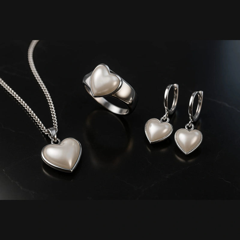 Pearl Heart Elegance Jewellery Set (Necklace + Earrings + Ring) – Premium Silver Finish Romantic Set