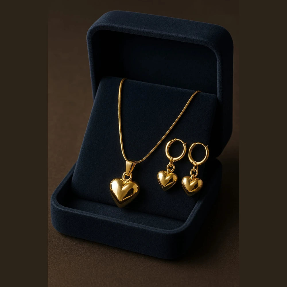 Luxury Gold Heart Pendant & Earrings Set – RealGold Look Premium Jewellery