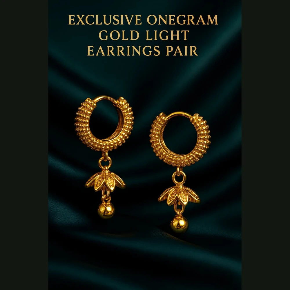 Zhome One Gram Gold Fancy Bali Earrings | Dailywear Lightweight Hoop with Drop Charm