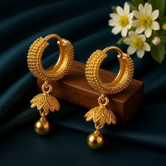 Zhome One Gram Gold Fancy Bali Earrings | Dailywear Lightweight Hoop with Drop Charm