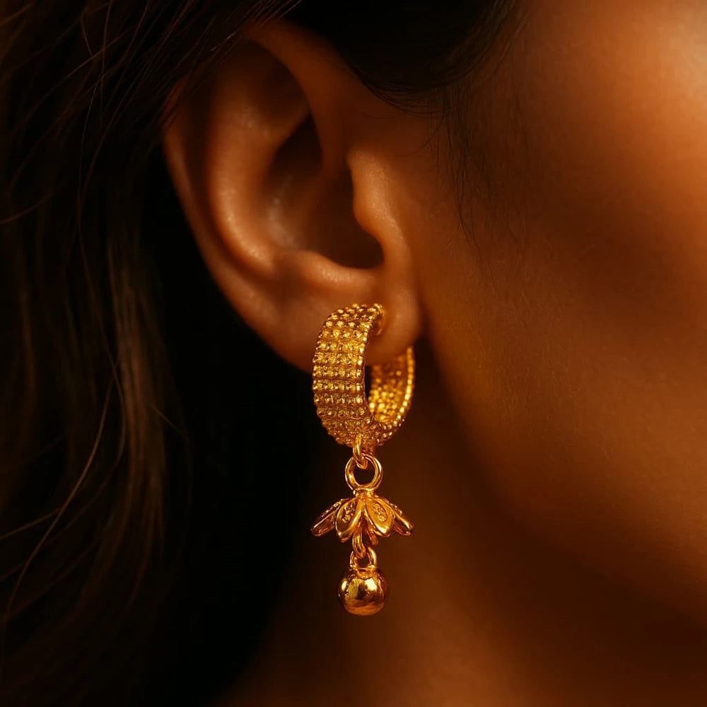 Zhome One Gram Gold Fancy Bali Earrings | Dailywear Lightweight Hoop with Drop Charm
