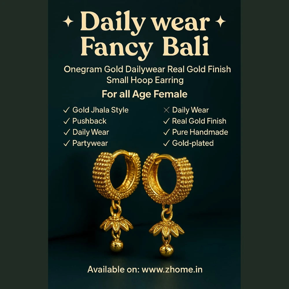 Zhome One Gram Gold Fancy Bali Earrings | Dailywear Lightweight Hoop with Drop Charm