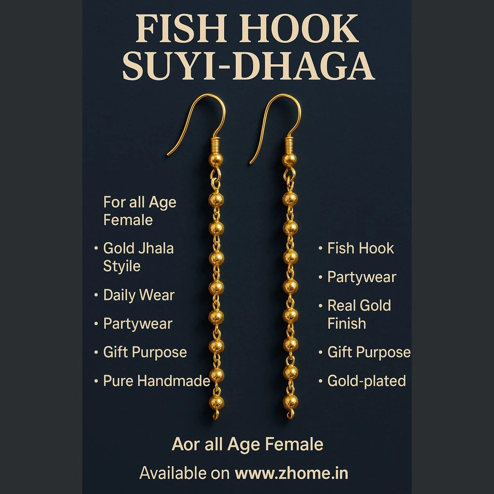 Zhome one gram gold long Sui-Dhaga earrings photographed on silk fabric – product by Sandeep Singh