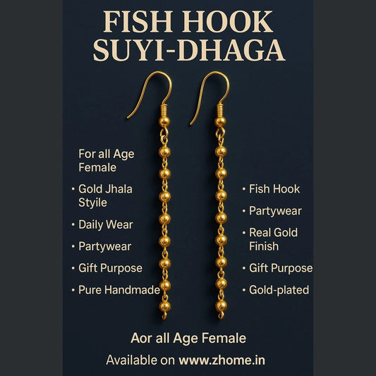 Zhome one gram gold long Sui-Dhaga earrings photographed on silk fabric – product by Sandeep Singh