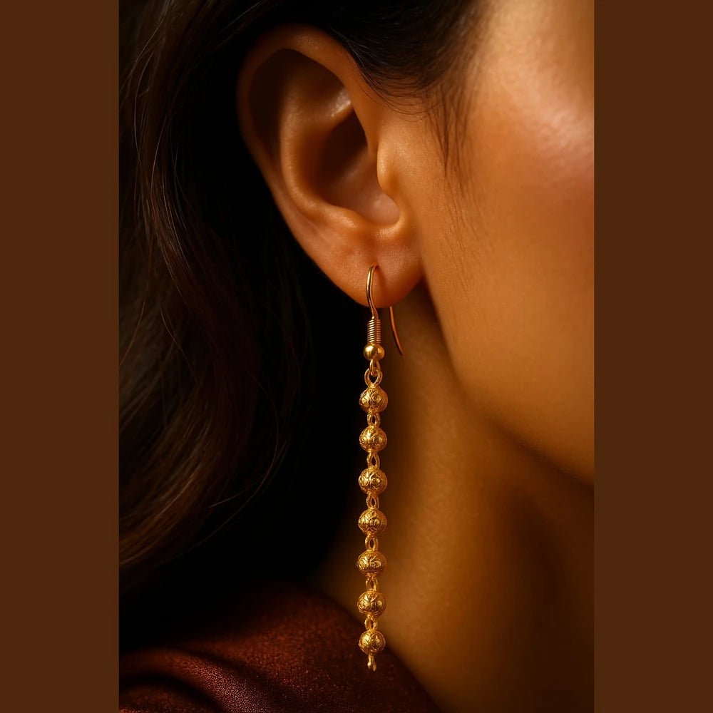 Zhome fish hook Sui-Dhaga earrings product showcase with features text – curated by Sandeep Singh