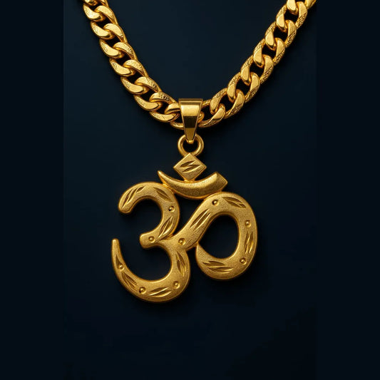 Premium OM Men's Chain & Locket – Heavy Cuban Link | Matte–Gloss Gold Finish