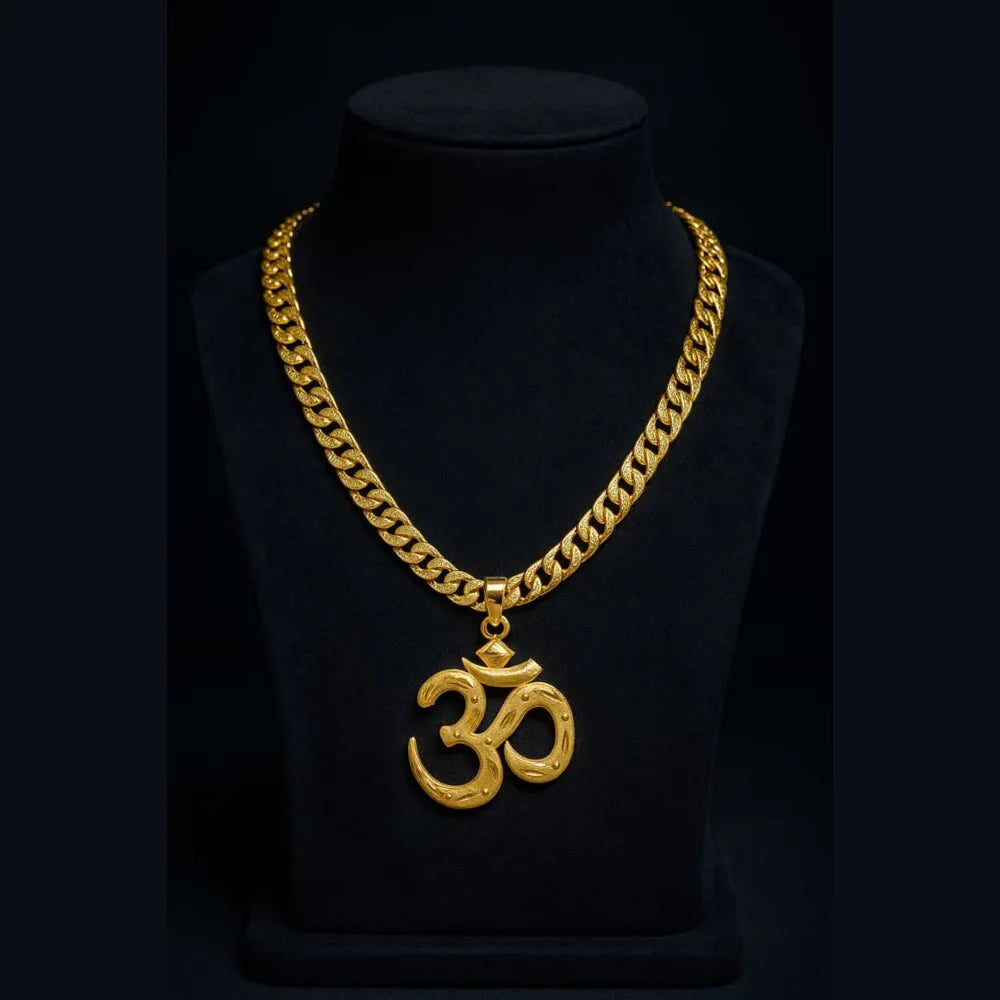 Premium OM Men's Chain & Locket – Heavy Cuban Link | Matte–Gloss Gold Finish