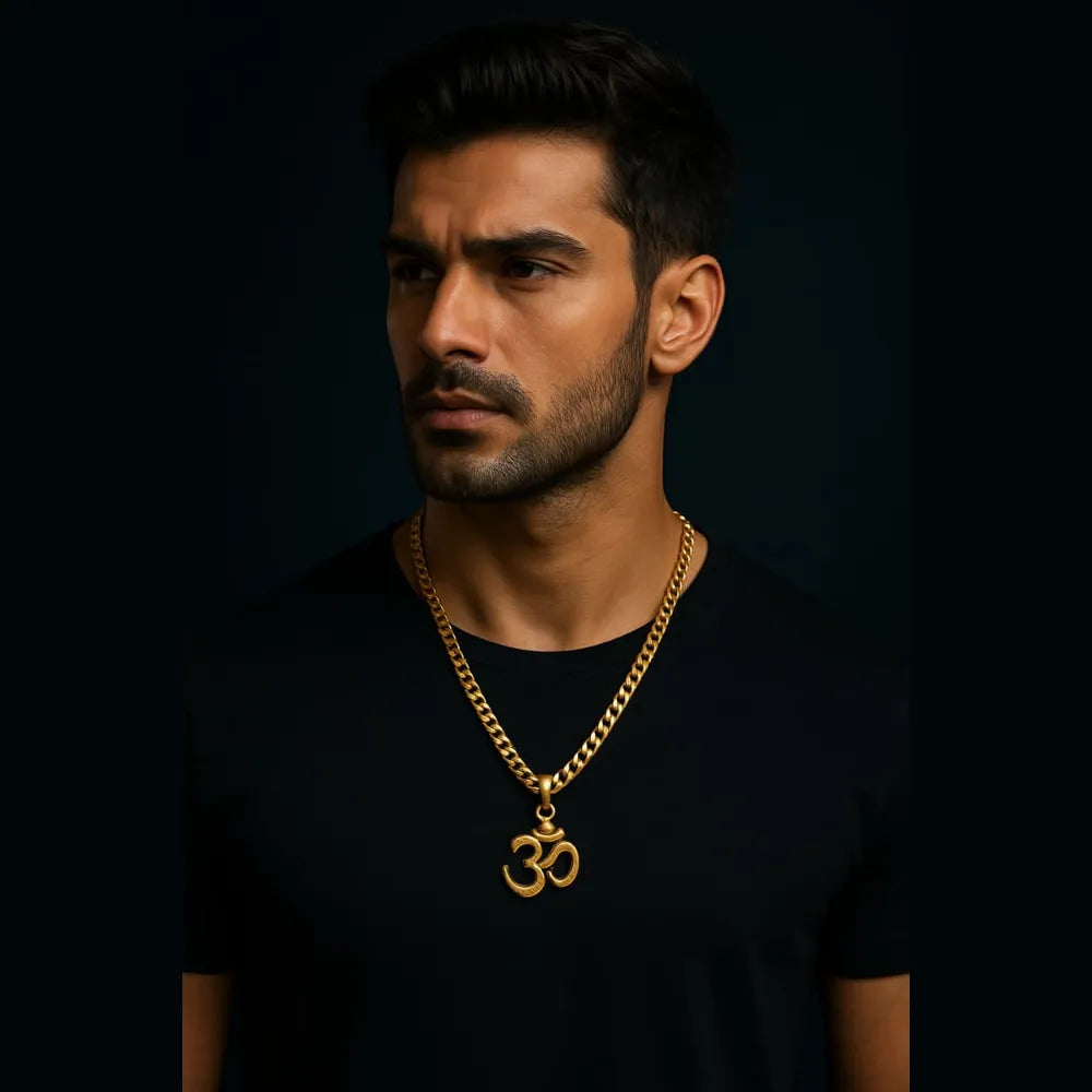 Premium OM Men's Chain & Locket – Heavy Cuban Link | Matte–Gloss Gold Finish