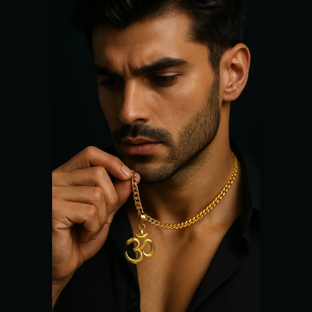 Premium OM Men's Chain & Locket – Heavy Cuban Link | Matte–Gloss Gold Finish