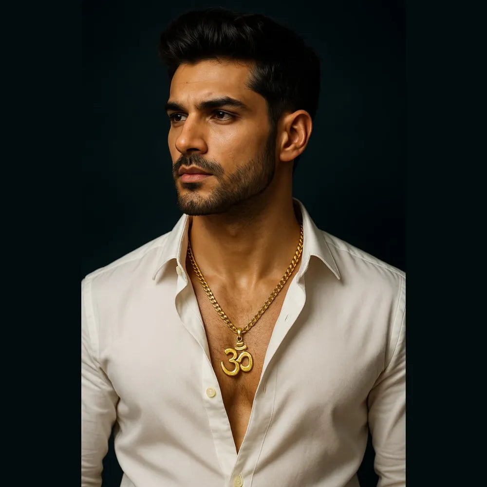 Premium OM Men's Chain & Locket – Heavy Cuban Link | Matte–Gloss Gold Finish