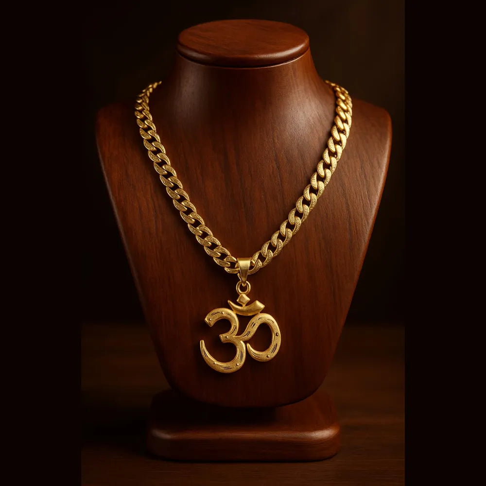 Premium OM Men's Chain & Locket – Heavy Cuban Link | Matte–Gloss Gold Finish
