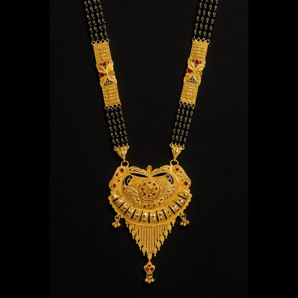 Royal Long Handmade One Gram Gold Finish Mangalsutra Necklace – 4 Line Black Beads